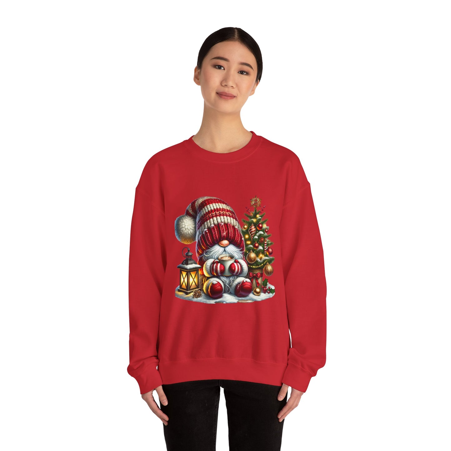 Christmas Gnome Crewneck Sweatshirt — Festive Tree & Lantern Holiday Sweater