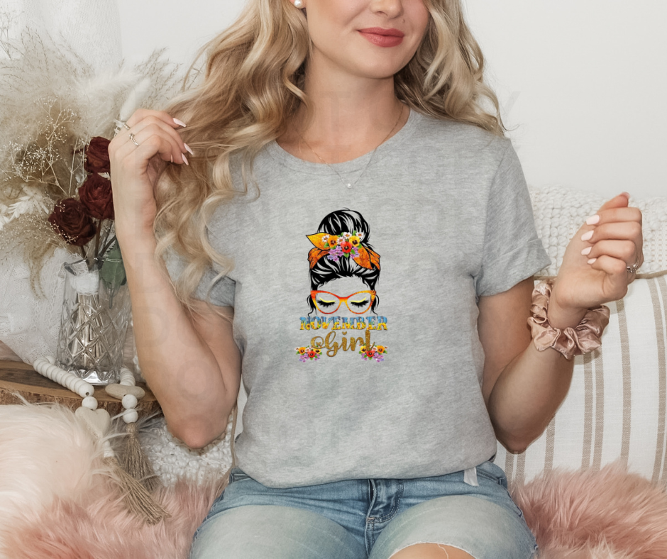 November Girl T-Shirt, Cute Graphic Tee, Fall Birthday Gift, Women's Unisex Shirt, Casual Autumn Wear, Floral Design Shirt