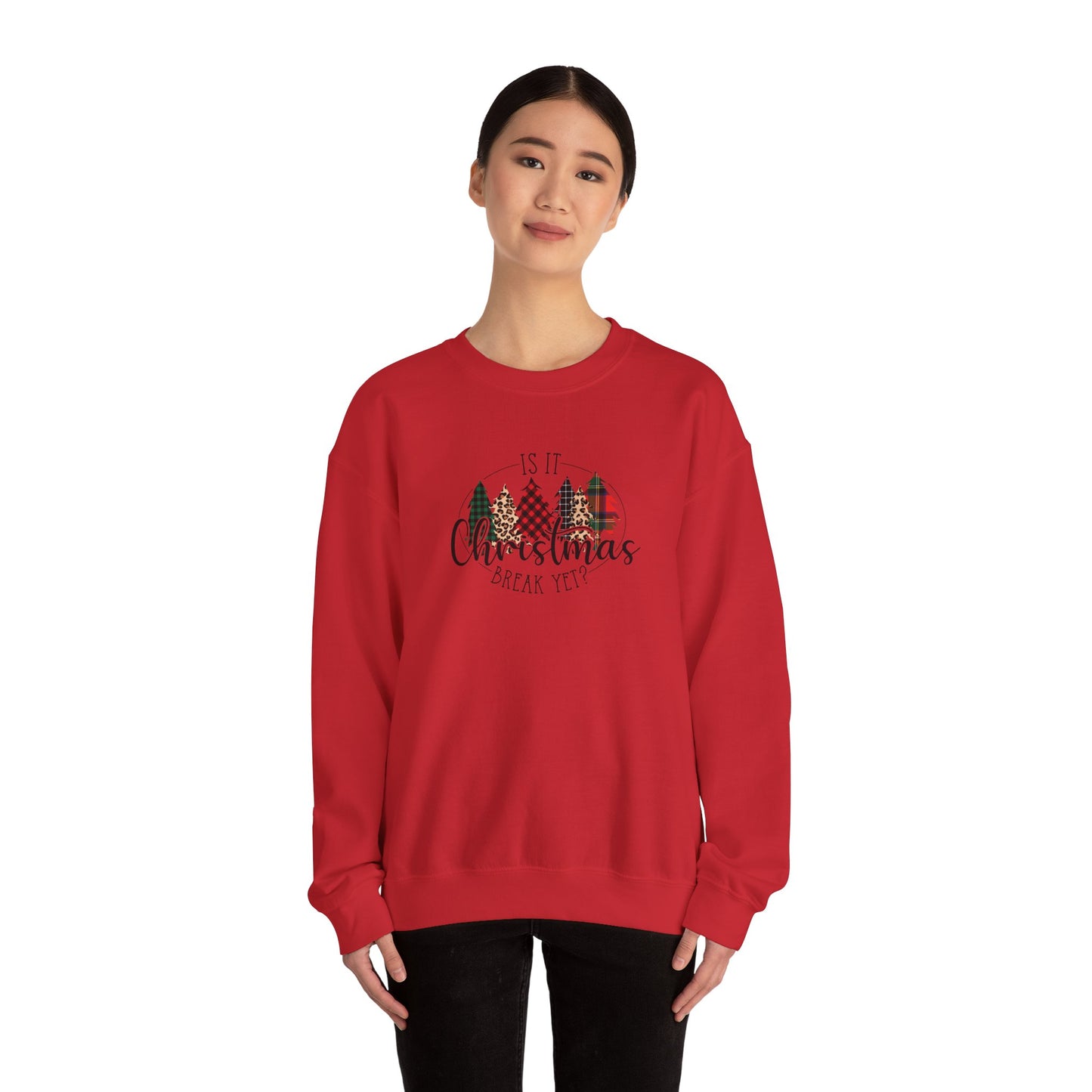 Christmas Break Yet? Crewneck Sweatshirt — Plaid Trees Holiday Sweater Top