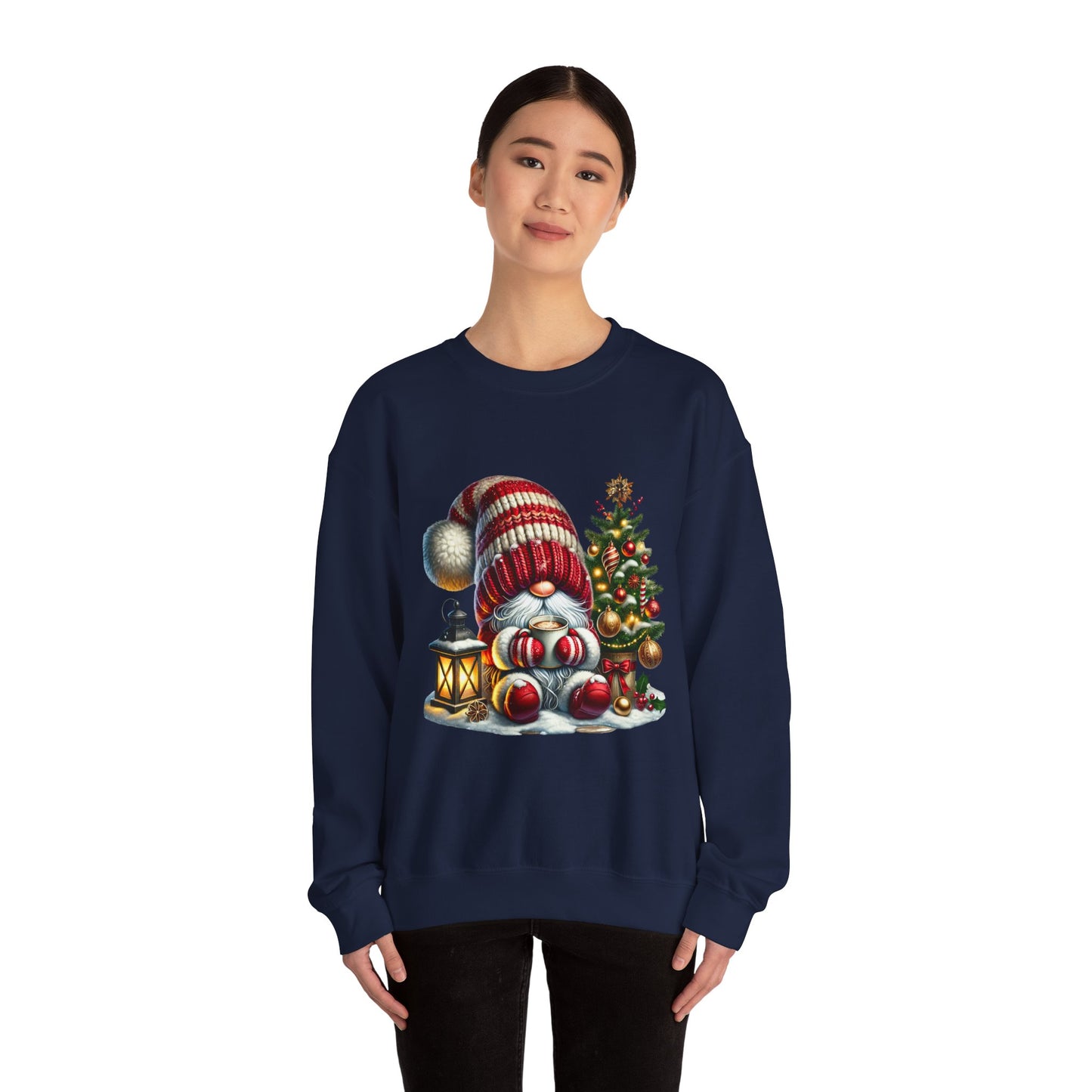Christmas Gnome Crewneck Sweatshirt — Festive Tree & Lantern Holiday Sweater