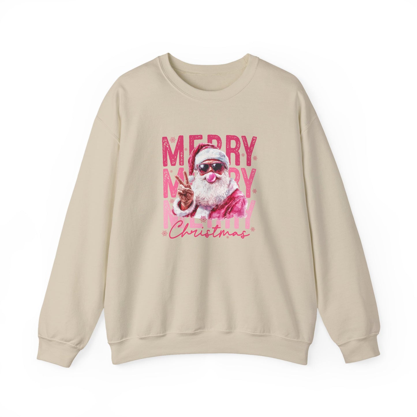 Christmas Crewneck Sweatshirt — Retro Pink 'Merry Merry Christmas' Santa Graphic