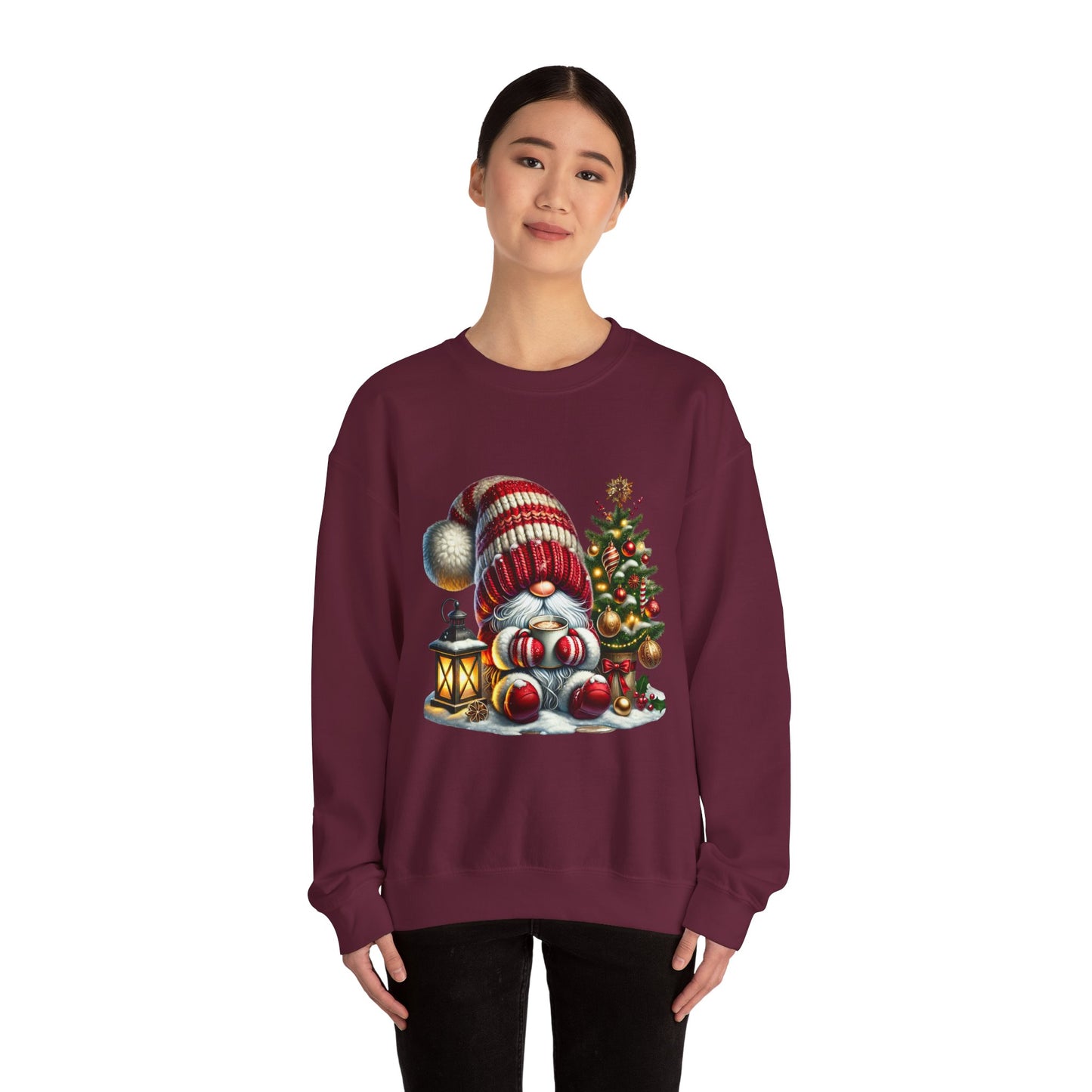 Christmas Gnome Crewneck Sweatshirt — Festive Tree & Lantern Holiday Sweater
