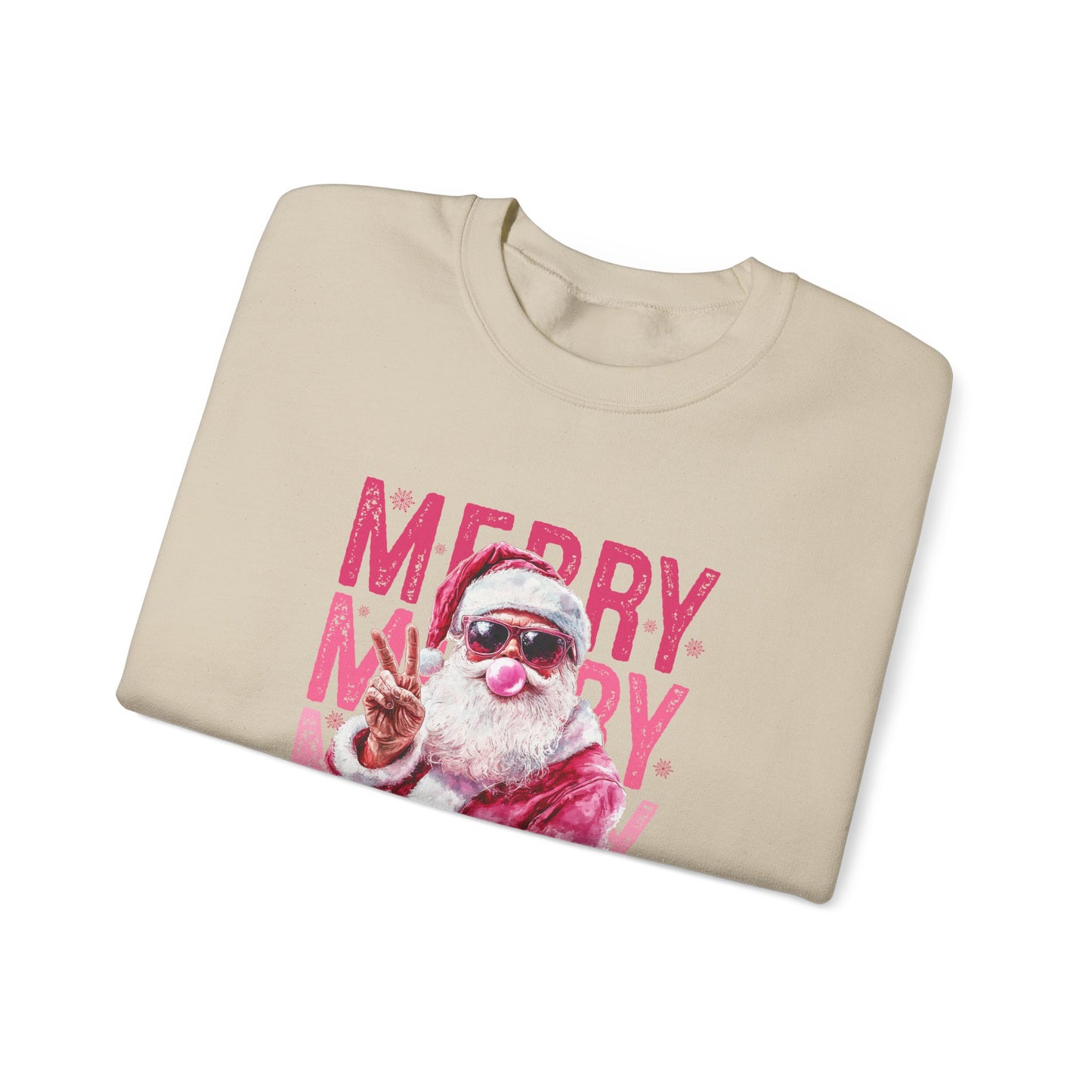 Christmas Crewneck Sweatshirt — Retro Pink 'Merry Merry Christmas' Santa Graphic