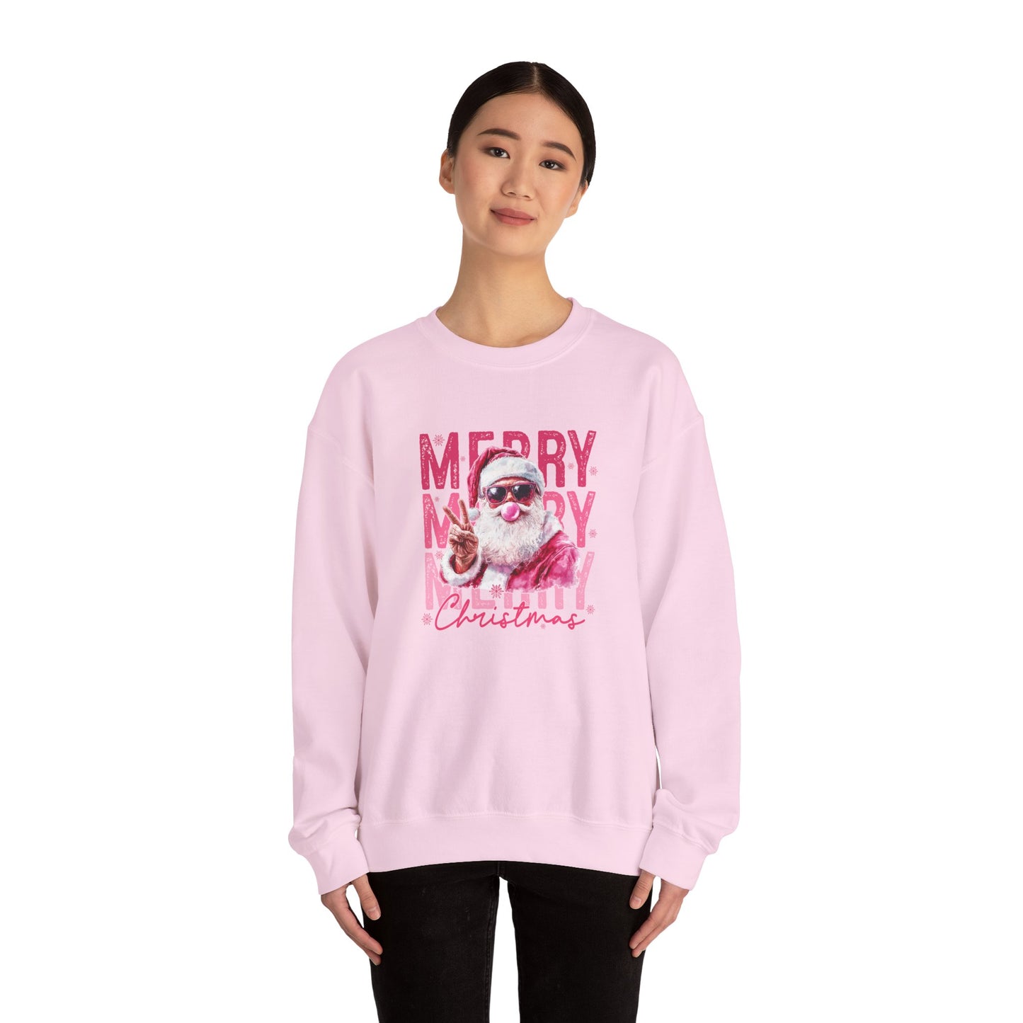 Christmas Crewneck Sweatshirt — Retro Pink 'Merry Merry Christmas' Santa Graphic