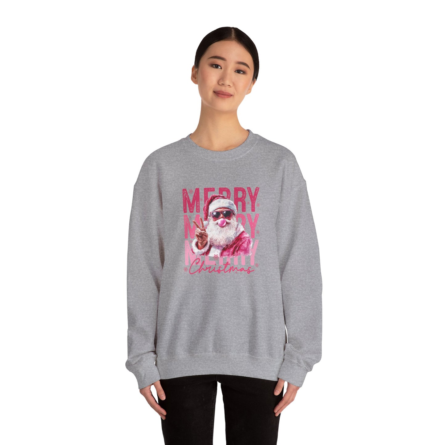 Christmas Crewneck Sweatshirt — Retro Pink 'Merry Merry Christmas' Santa Graphic