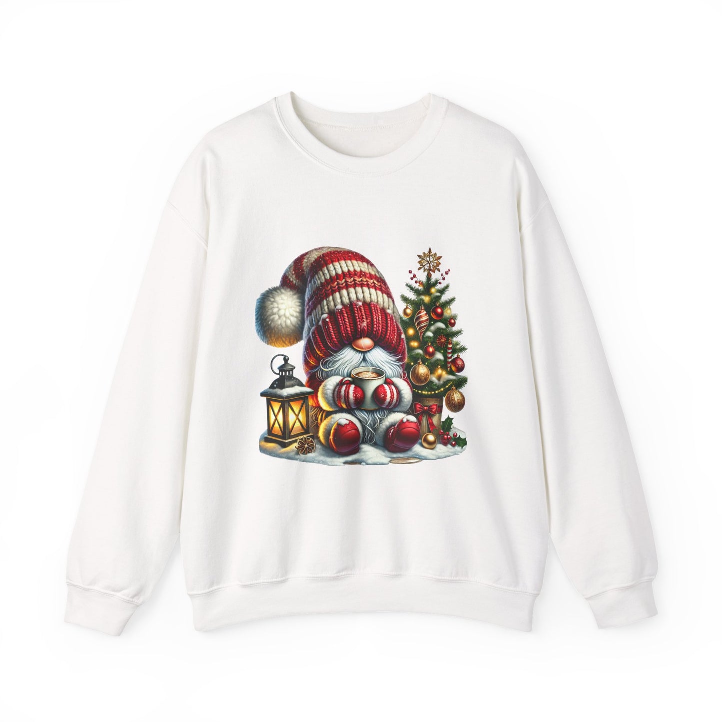 Christmas Gnome Crewneck Sweatshirt — Festive Tree & Lantern Holiday Sweater