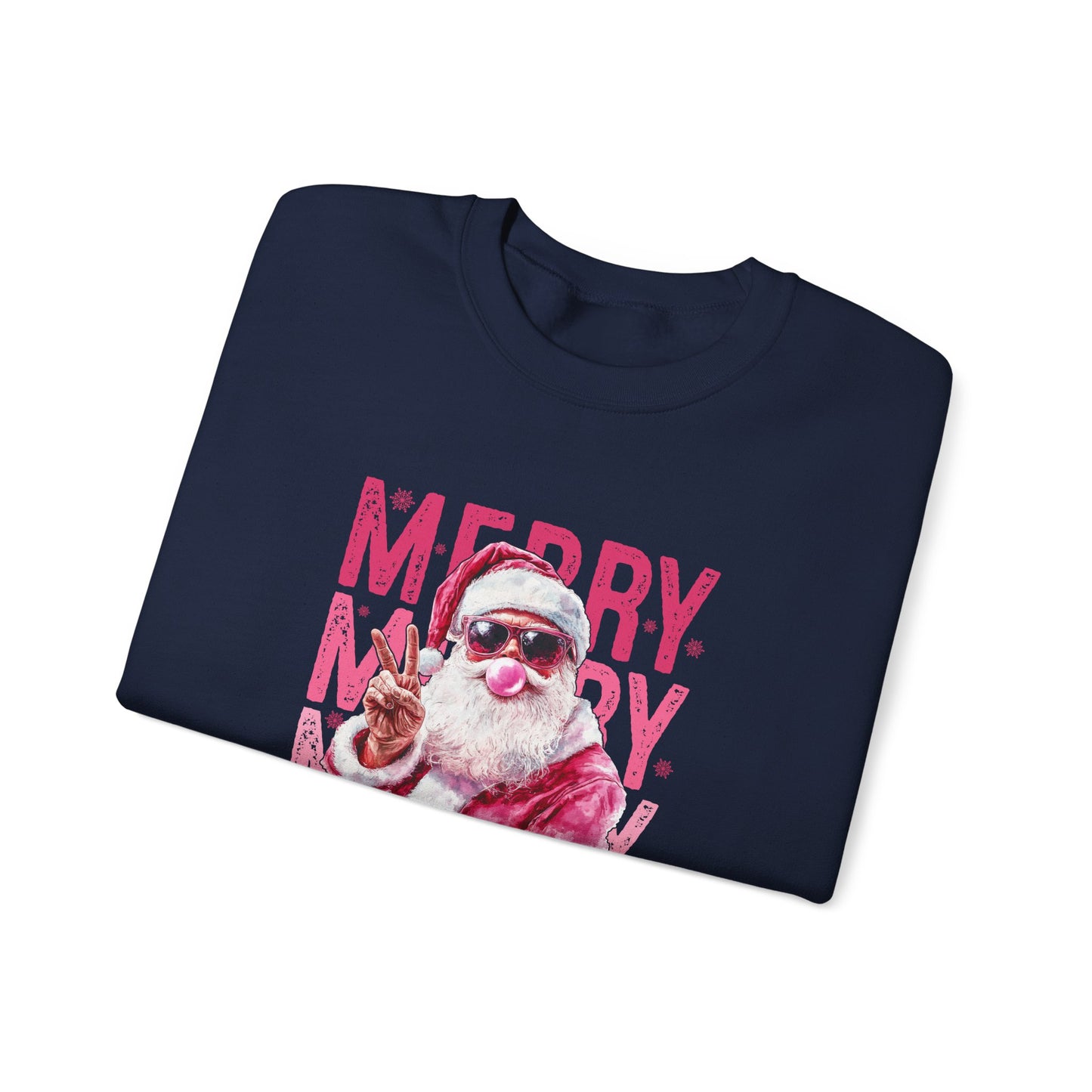 Christmas Crewneck Sweatshirt — Retro Pink 'Merry Merry Christmas' Santa Graphic