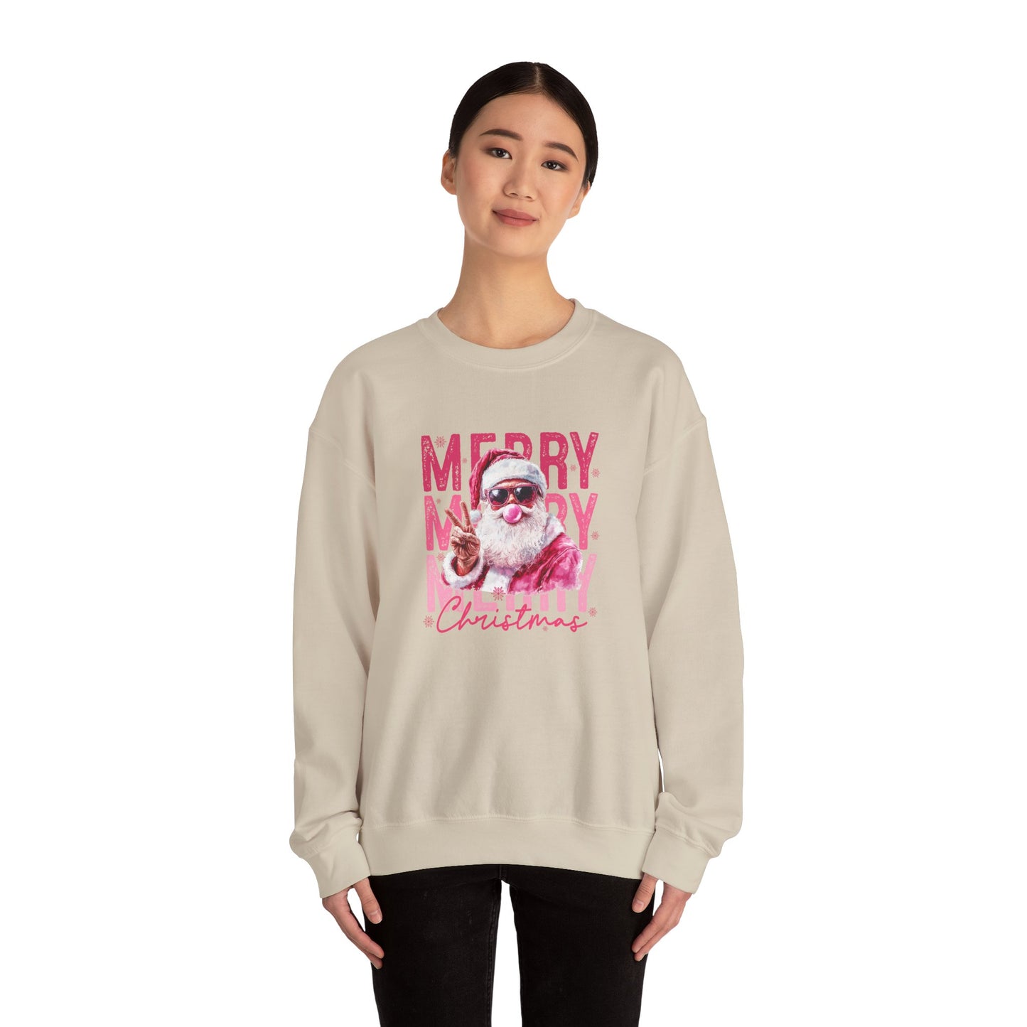 Christmas Crewneck Sweatshirt — Retro Pink 'Merry Merry Christmas' Santa Graphic
