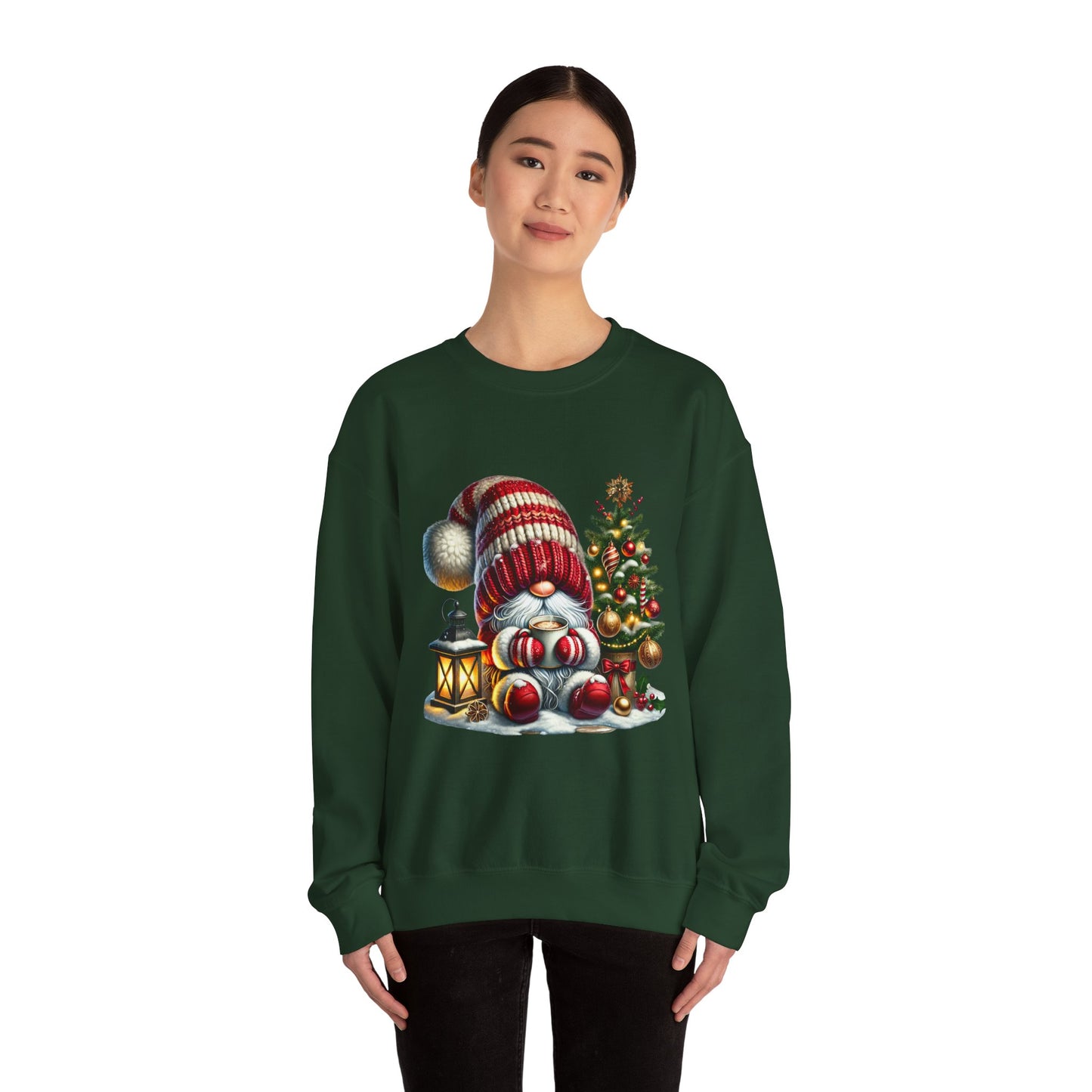 Christmas Gnome Crewneck Sweatshirt — Festive Tree & Lantern Holiday Sweater