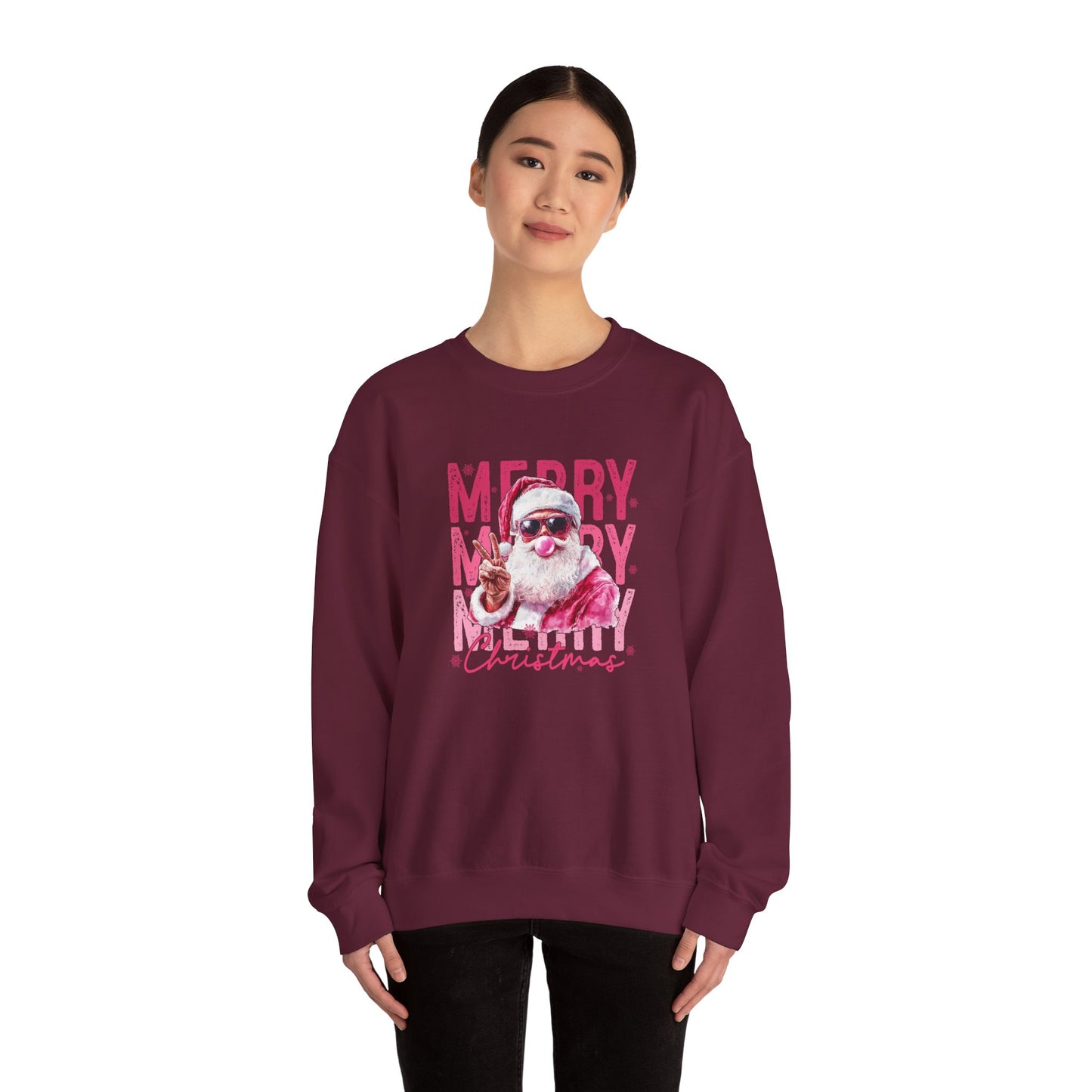 Christmas Crewneck Sweatshirt — Retro Pink 'Merry Merry Christmas' Santa Graphic