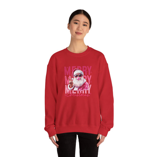 Christmas Crewneck Sweatshirt — Retro Pink 'Merry Merry Christmas' Santa Graphic