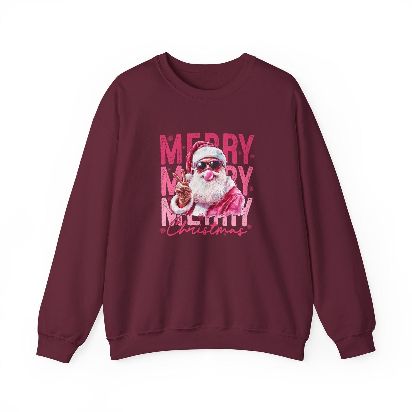 Christmas Crewneck Sweatshirt — Retro Pink 'Merry Merry Christmas' Santa Graphic