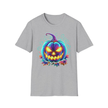 Vibrant Halloween Pumpkin T-Shirt, Unisex Softstyle Tee, Spooky Fall Fashion, Halloween Party Outfit, Trick or Treat Shirt
