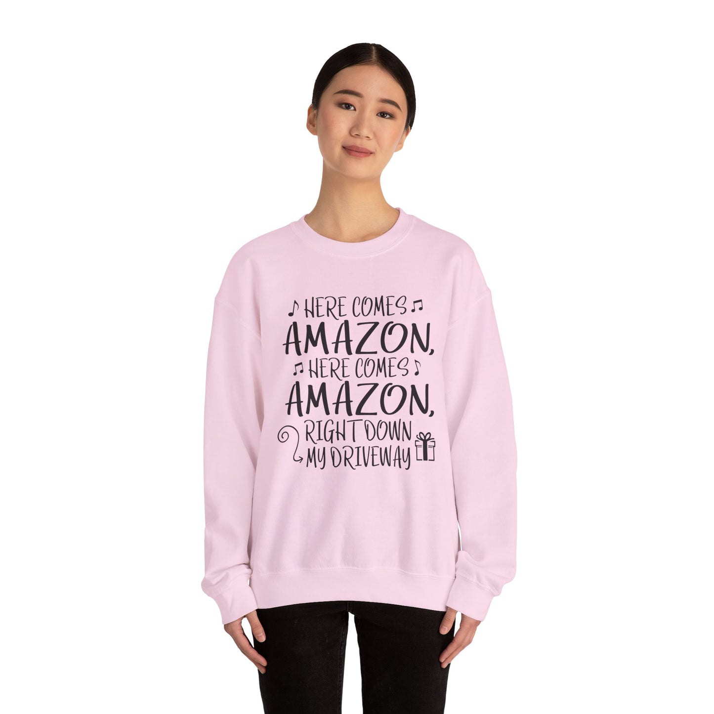 Crewneck Sweatshirt - "Here Comes Amazon, Right Down My Driveway" Holiday Delivery Graphic