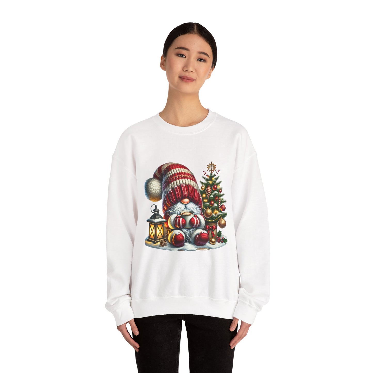 Christmas Gnome Crewneck Sweatshirt — Festive Tree & Lantern Holiday Sweater