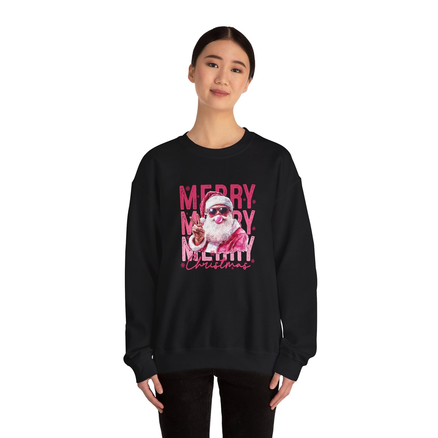 Christmas Crewneck Sweatshirt — Retro Pink 'Merry Merry Christmas' Santa Graphic