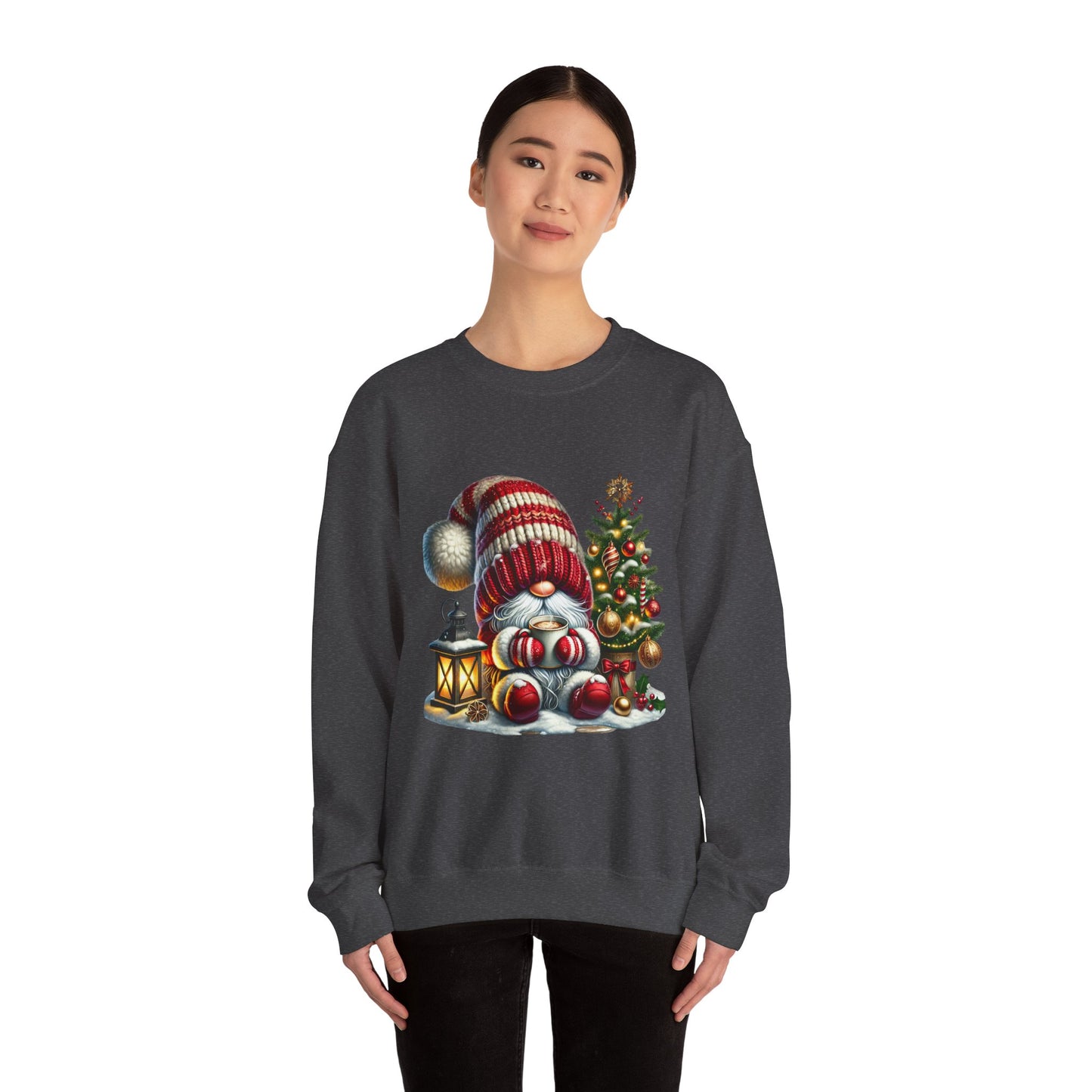 Christmas Gnome Crewneck Sweatshirt — Festive Tree & Lantern Holiday Sweater