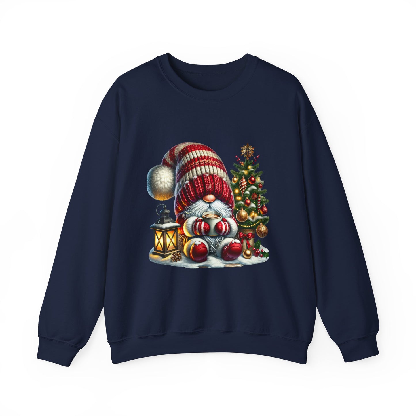 Christmas Gnome Crewneck Sweatshirt — Festive Tree & Lantern Holiday Sweater