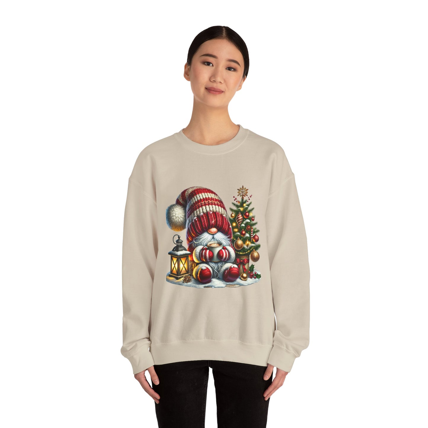 Christmas Gnome Crewneck Sweatshirt — Festive Tree & Lantern Holiday Sweater