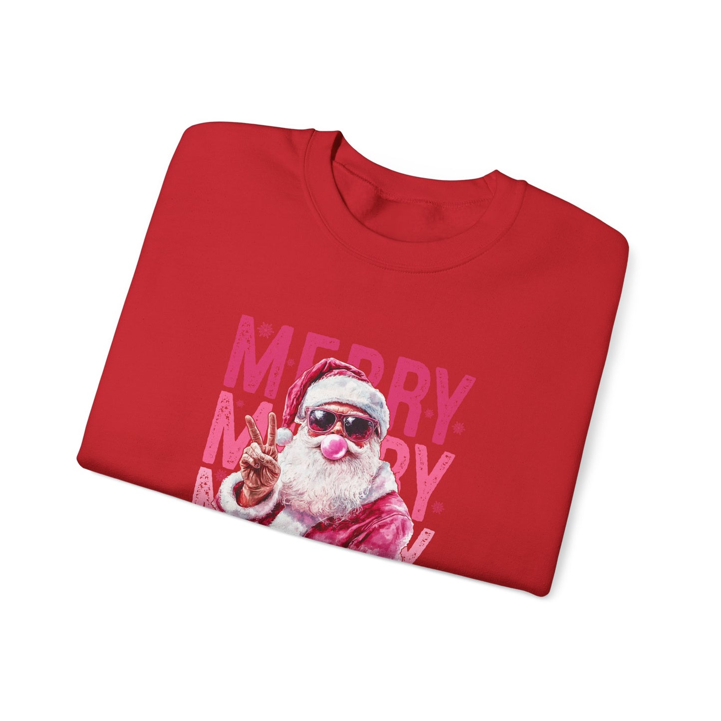 Christmas Crewneck Sweatshirt — Retro Pink 'Merry Merry Christmas' Santa Graphic