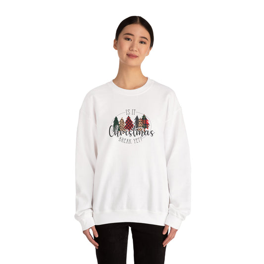 Christmas Break Yet? Crewneck Sweatshirt — Plaid Trees Holiday Sweater Top
