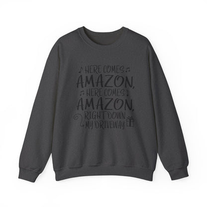 Crewneck Sweatshirt - "Here Comes Amazon, Right Down My Driveway" Holiday Delivery Graphic