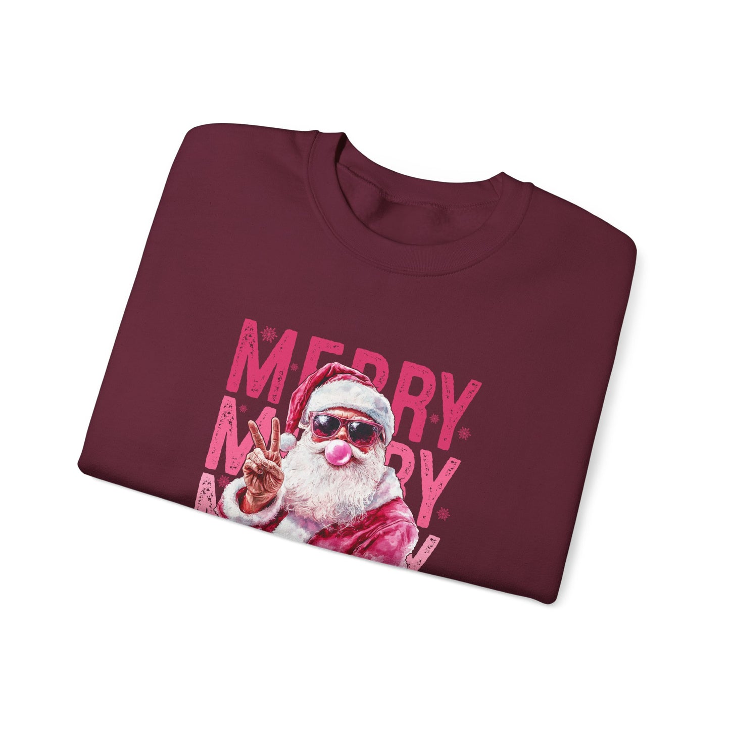 Christmas Crewneck Sweatshirt — Retro Pink 'Merry Merry Christmas' Santa Graphic