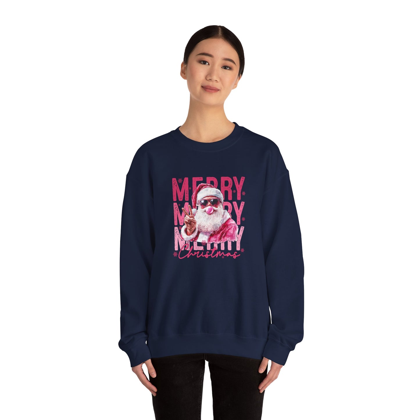 Christmas Crewneck Sweatshirt — Retro Pink 'Merry Merry Christmas' Santa Graphic