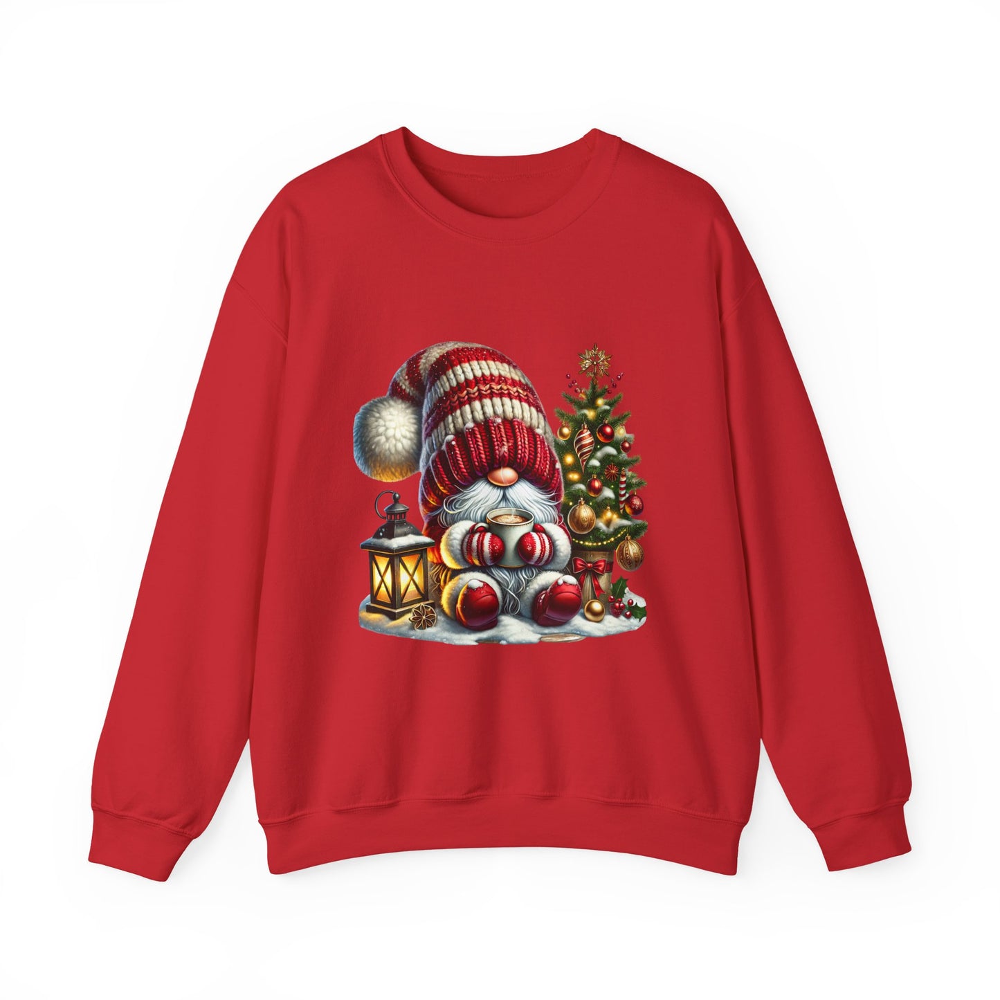 Christmas Gnome Crewneck Sweatshirt — Festive Tree & Lantern Holiday Sweater