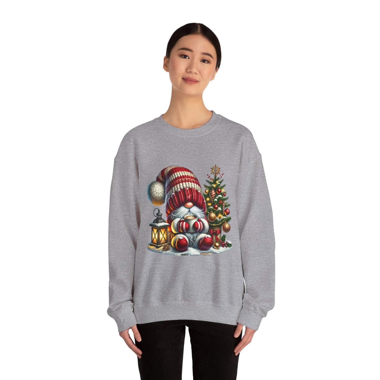 Christmas Gnome Crewneck Sweatshirt — Festive Tree & Lantern Holiday Sweater